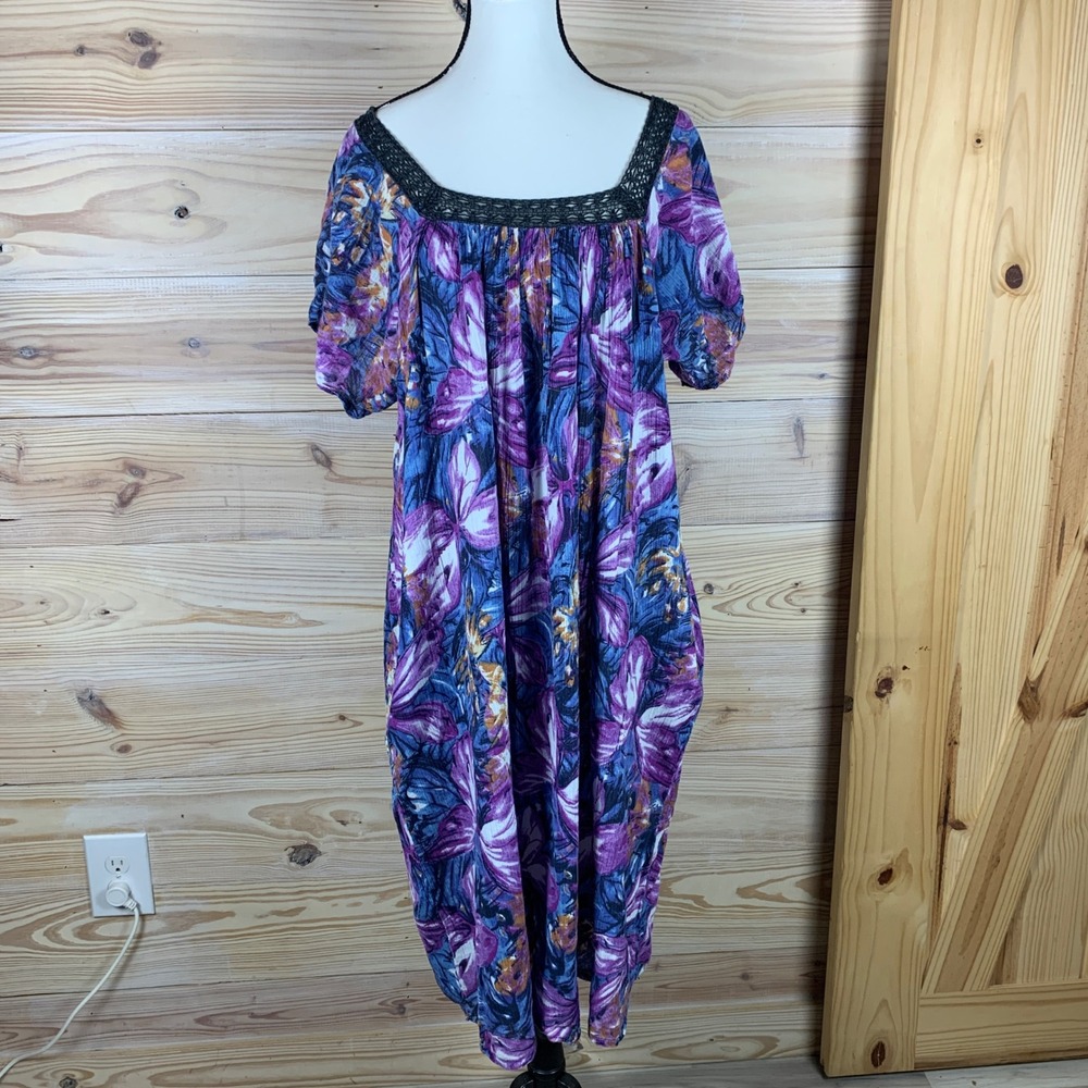 Daffodil Loungewear Dress Womens Large Dark Floral Crochet Cotton Crinkle Muumuu